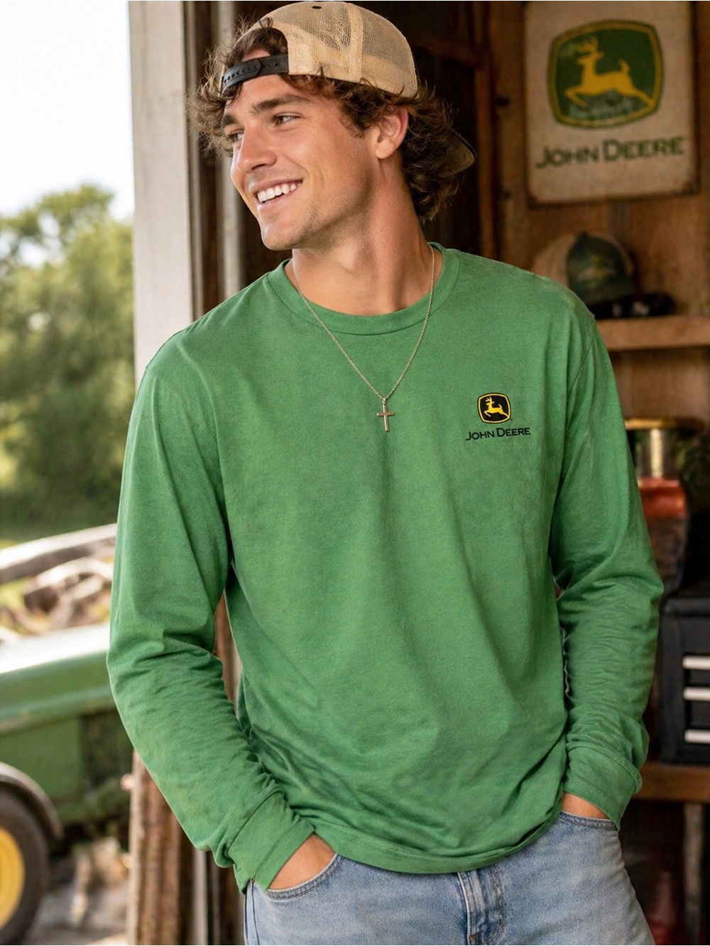 John Deere Long Sleeve Tee NWT Green Logo Shirt Medium Workwear Classic